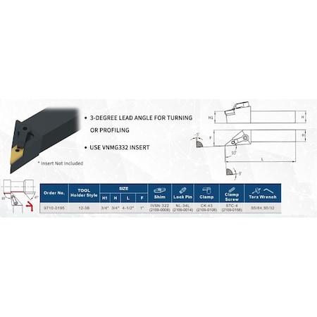 H & H Industrial Products Harlingen MVJNR123B Indexable Turning Tool Holder 9710-0195
